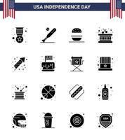 Happy Independence Day 4th July Set of 16 Solid Glyphs American Pictograph of festivity sticks usa instrument usa Editable USA Day Vector Design Elements