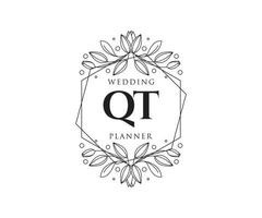 QT Initials letter Wedding monogram logos collection, hand drawn modern minimalistic and floral templates for Invitation cards, Save the Date, elegant identity for restaurant, boutique, cafe in vector