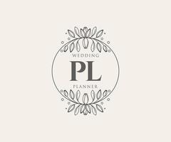 Colección de logotipos de monograma de boda con letras iniciales pl, plantillas florales y minimalistas modernas dibujadas a mano para tarjetas de invitación, guardar la fecha, identidad elegante para restaurante, boutique, café en vector