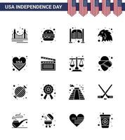 Happy Independence Day 16 Solid Glyphs Icon Pack for Web and Print heart eagle bar bird entrance Editable USA Day Vector Design Elements