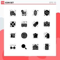 User Interface Pack of 16 Basic Solid Glyphs of rose heart device shield love Editable Vector Design Elements