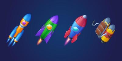 Cartoon rockets, shuttles and jetpack vector