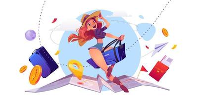 Summer travel concept, girl tourist riding luggage vector