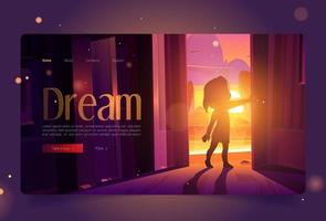 Dream banner with girl open door at sunset vector