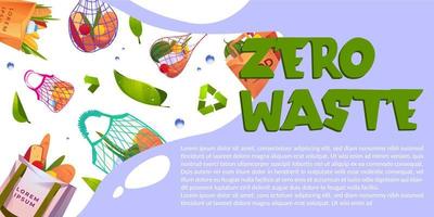 banner de dibujos animados de cero residuos con bolsas ecológicas reutilizables