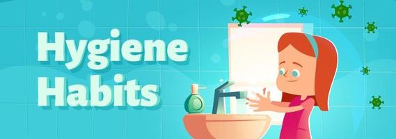 Hygiene habits cartoon banner, girl washing hands vector