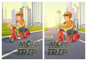 carteles de viaje en moto con hombre en scooter en la carretera de la ciudad vector