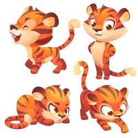 Tiger cub cute character hunting, slink and roar. vector