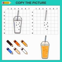 Copy drawing of cocktail. Vector draw worksheet with cute cocktail. Education game for kids. Children art tutorial with color palette.