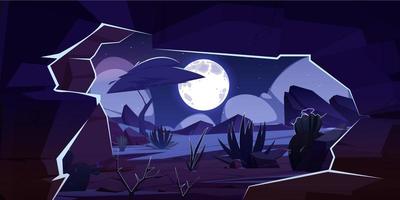 Cave in rock and desert landscape at night vector