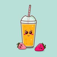 Cute illustration with cartoon orange cocktail and pink strawberries. isolated Fruit cocktail for any use. Vector illustration