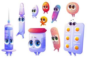 Cute characters of medicines and syringe vector