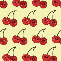 Seamless pattern with cute cartoon Cherry on yellow Polka dot backdrop. Cherry pattern for any use. Vector illustration