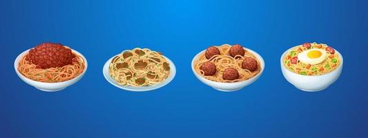 Set of pasta meals, restaurant or homemade noodles vector
