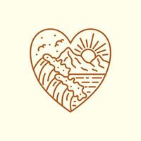 mono line art of the waves on the summer beach in love shape vector