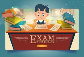 Schoolboy pass exam cartoon banner, Boy solve test vector