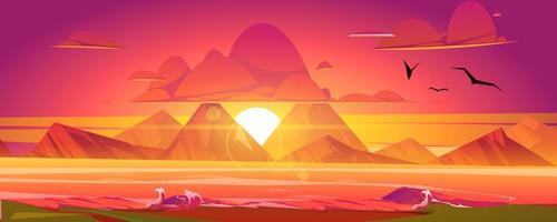Sunset on ocean, red sky with sun going down. vector