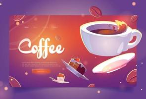 Coffee cartoon landing page white cup of hot drink vector