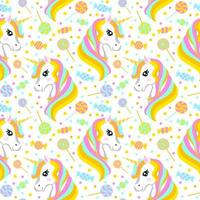 Cute wallpaper with rainbow unicorn and candy. seamless pattern. Vector illustration