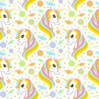 lindo fondo de pantalla con unicornio arcoiris y dulces. patrón sin costuras ilustración vectorial vector