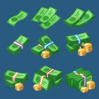 Money cash with coins stacks and bundles of bills vector