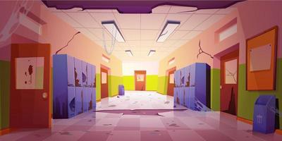 Old dirty school hallway with broken lockers vector