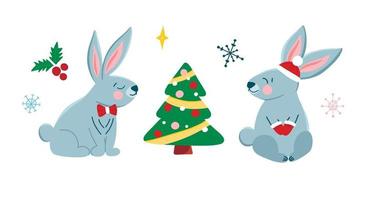 Vector set with cute Christmas bunnies in cartoon style, symbol of the year, Christmas tree. Children's illustration with cute animals for postcards, posters, design, fabrics.