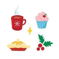 Vector set of elements with a cup of cocoa, cake, holiday cake and mistletoe in cartoon style. Children's illustration with cute animals for postcards, posters, design, fabrics.