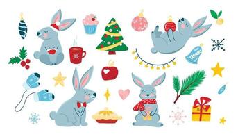 Vector set with cute Christmas bunnies in cartoon style, symbol of the year, Christmas toys, Christmas tree, festive winter elements. Children's illustration for postcards, posters, design, fabrics.