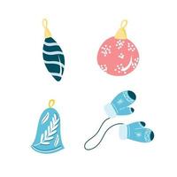 Vector set of elements with Christmas tree toys and mittens on a string in cartoon style. Children's illustration with cute animals for postcards, posters, design, fabrics.