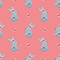 Vector pattern with cute gray rabbits in a red knitted hat and mittens, Christmas in cartoon style, symbol of the year, festive pattern for postcards, decoration, gift wrapping