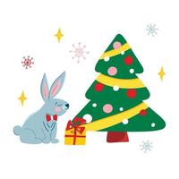 Vector poster with cute Christmas gray rabbit and squirrel in cartoon style, symbol of the year, gifts and snowflakes. Festive illustration for postcards, posters, design, fabrics.