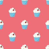 Vector pattern with cream cakes, cupcakes in cartoon style on a pink background. Pattern with sweets, delicious food for fabrics, packaging, design, fabrics.