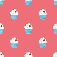 Vector pattern with cream cakes, cupcakes in cartoon style on a pink background. Pattern with sweets, delicious food for fabrics, packaging, design, fabrics.