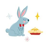 Vector greeting card template with a cute Christmas bunny in cartoon style, a symbol of the year, a festive cake and snowflakes. Children's illustration with cute animals for postcards, poster