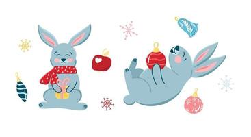 Vector set with cute Christmas bunnies in cartoon style, symbol of the year, Christmas tree toys. Children's illustration with cute animals for postcards, posters, design, fabrics.