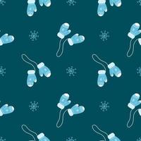 Vector pattern with blue knitted mittens and snowflakes, Christmas in cartoon style, symbol of the year, winter pattern for postcards, decoration, gift wrapping