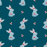 Vector pattern with cute gray rabbits in a red knitted hat and mittens, Christmas in cartoon style, symbol of the year, festive pattern for postcards, decoration, gift wrapping