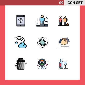 conjunto de color plano de línea de relleno de interfaz móvil de 9 pictogramas de elementos de diseño de vector editables de amigos de nube de explicación llena de línea