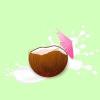 Coconut Cocktail. Milk splash and coconut, 3d vector object. Coconut with drink icons for menu, web and graphic design.Vector illustration