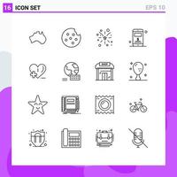 Mobile Interface Outline Set of 16 Pictograms of heart care health care fire love server Editable Vector Design Elements