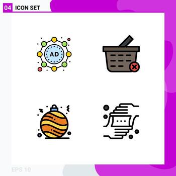 Editable Vector Line Pack of 4 Simple Filledline Flat Colors of ad frame basket ball hands Editable Vector Design Elements