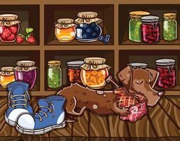 bodega con mermelada, jugo y un perro. vector