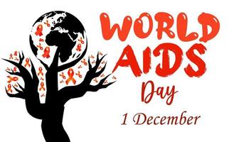 World AIDS Day Awareness Red Ribbon with world map and Tree concept. Grow aids alert  in worldwide. HIV virus banner poster greeting card. 01 December vector