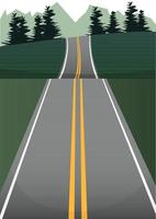 Gray road with two yellow stripes in perspective and behind mountains and forest vector