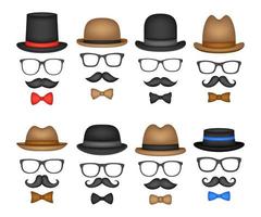 bigote, pajarita, sombrero y gafas aislado sobre fondo blanco. vector