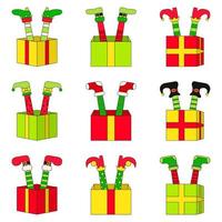 Set of Elf feet with gift box in flat style isolated vector