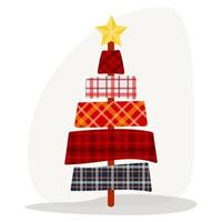 Clip art of retro Christmas tree with red tartan and plaid texture. Holiday illustration on isolated background. Design for Christmas decoration and celebration of winter, Christmas or New Year. vector