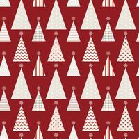Seamless pattern of simple geometric Christmas trees in different texture, isolated on burgundy red background. Design for Christmas home decor, holiday greetings, Christmas and New Year celebration. vector