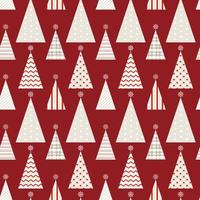 Seamless pattern of simple geometric Christmas trees in different texture, isolated on burgundy red background. Design for Christmas home decor, holiday greetings, Christmas and New Year celebration. vector